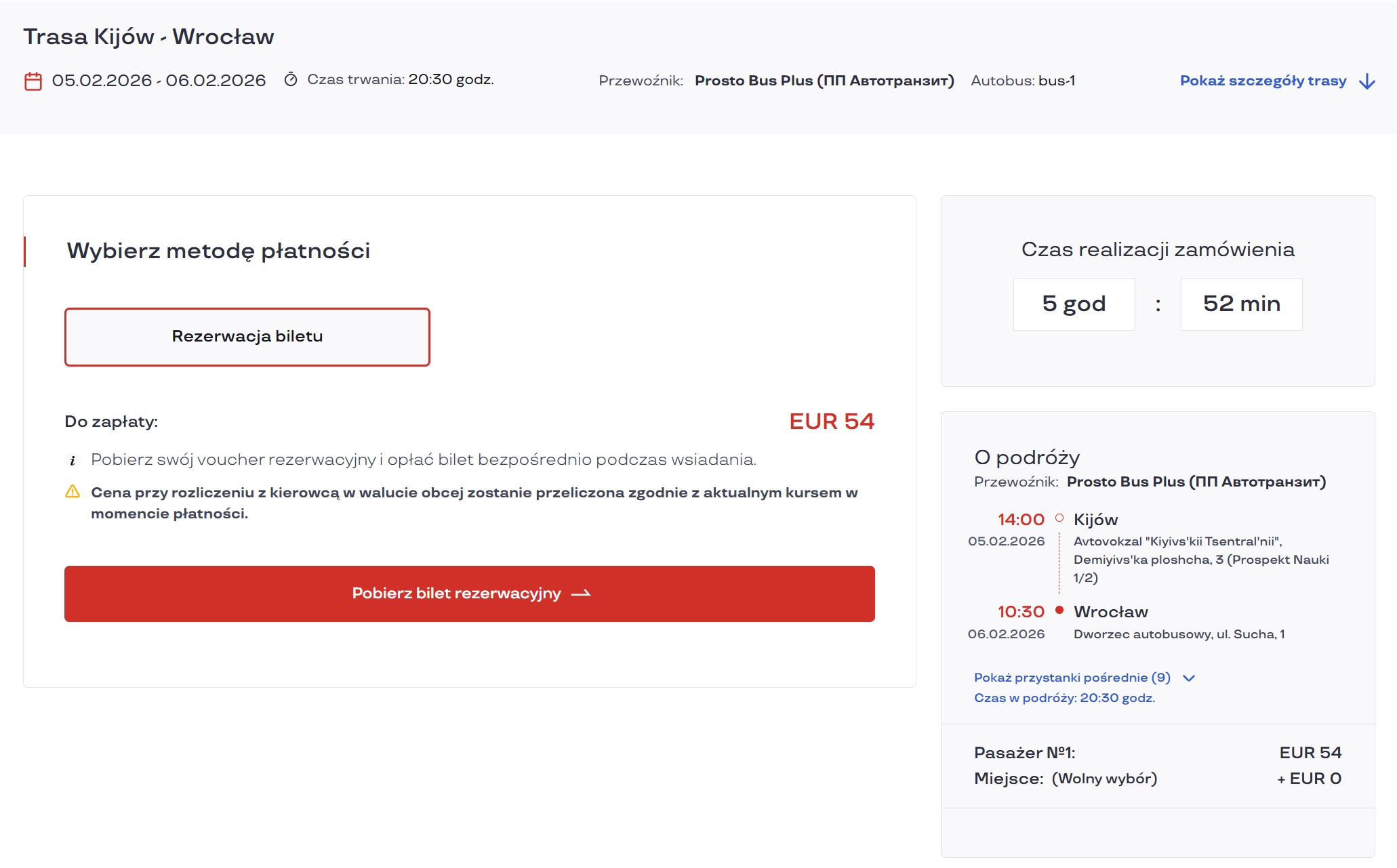 Ekran wyboru rezerwacji biletu bez płatności